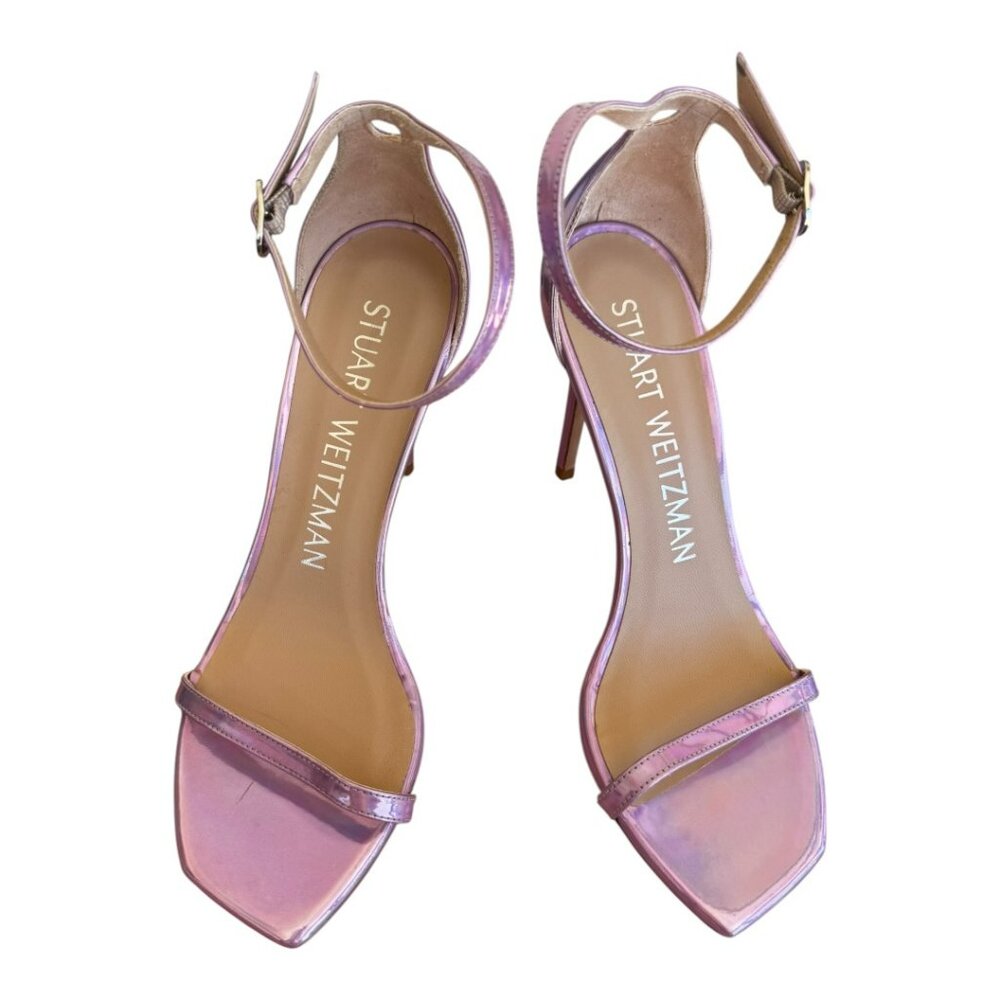 NWT STUART WEITZMAN NUDISTCURVE 100 STRAP SANDAL Amatista HOLOGRAPHIC PINK
